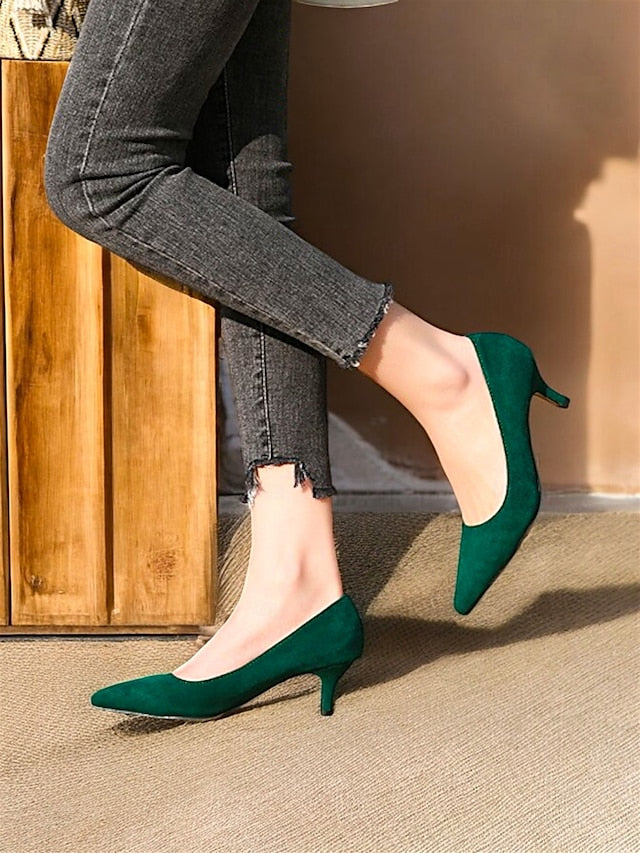 with Emerald Pointed-Toe Suede Green Women's Kitten Pumps