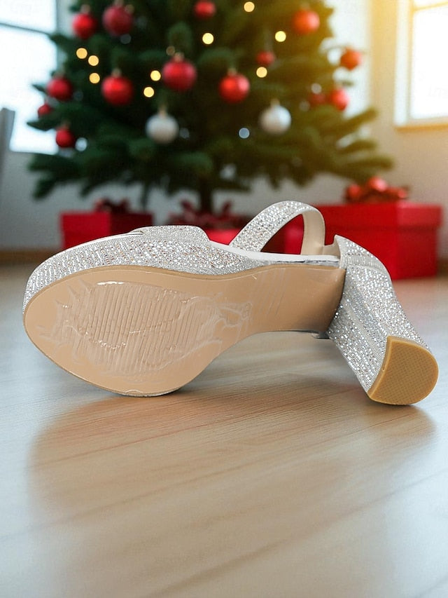 Ankle Sandals - Heel Women's High Silver Platform Glitter