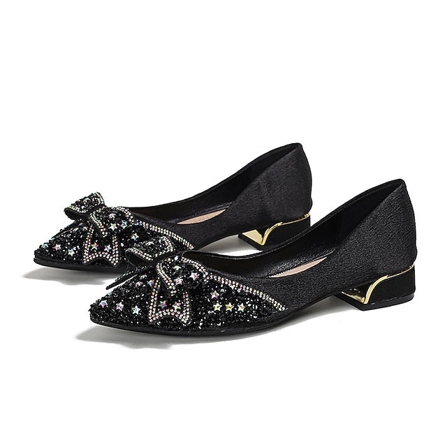 with Rhinestone - Flats Women's Elegant Bow Glitter Detail