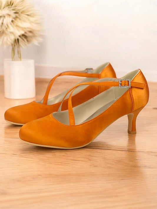 Rhinestone – Satin Buckle Heels with Elegant Cross-Strap White