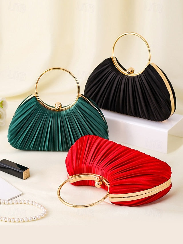 - Velvet Elegant Ring Pleated Handle Green with Gold Clutch