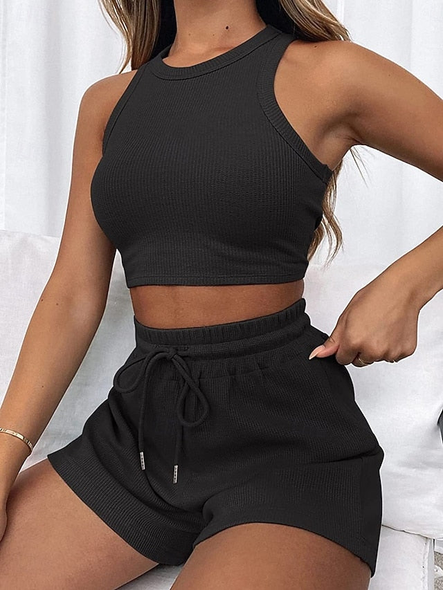 Women's Two Piece Sets Tank Top Shorts Sets Sleeveless Crew