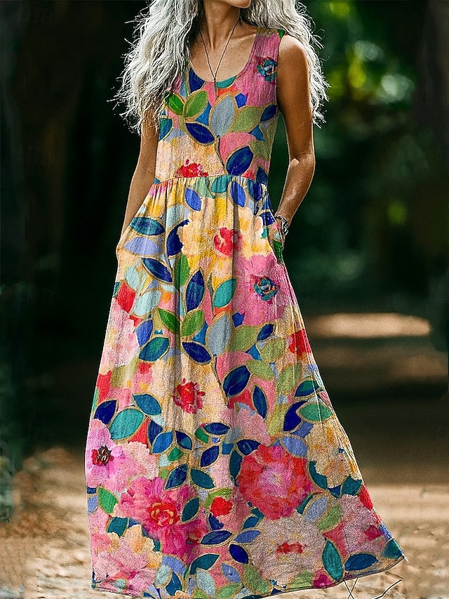 Women's Boho Floral Art Print Vintage Dress Vacation Casual