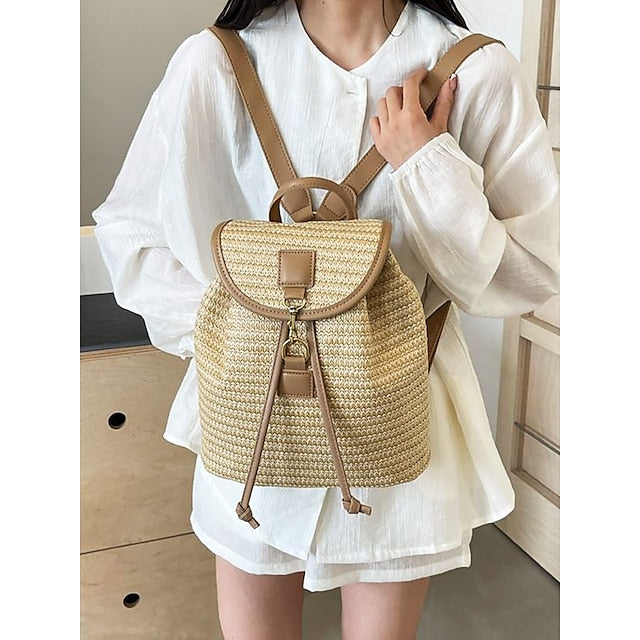 Rattan Backpack Travel Woven with for Bag Boho Women Straw –