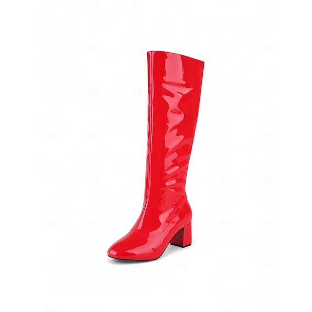 Patent Knee Boots Women's with High Heel Red Leather Block