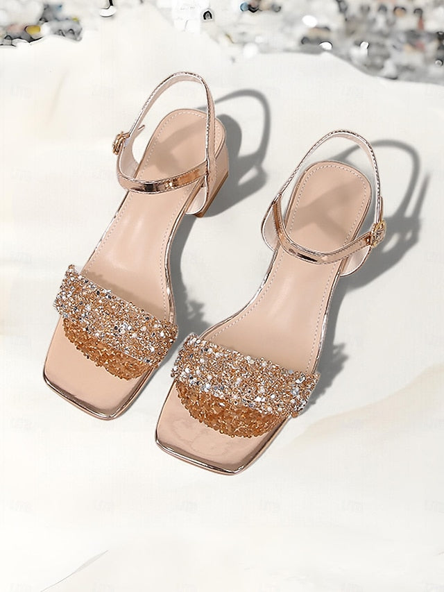 Block Wedding Rhinestone Elegant – Gold for Sandals Heel Women