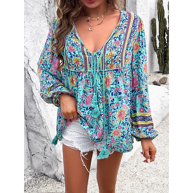 Women's Shirt Blouse Lace up Print Floral Bohemia Ethnic