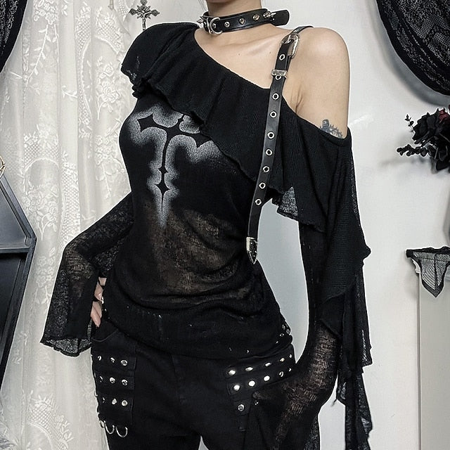 Punk & Gothic Sheer Knit Top Goth Girl Off Shoulder Cross