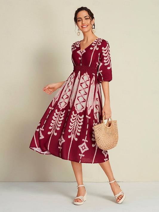 Folk Print Brick Red Half Sleeve V Neck Midi Dress
