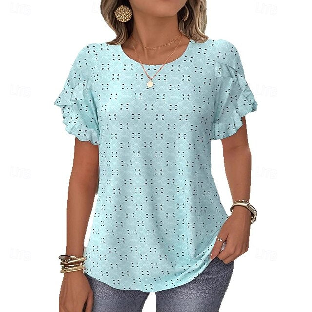 Women's Eyelet Top Pointelle Tee Lace T-shirt Solid Color