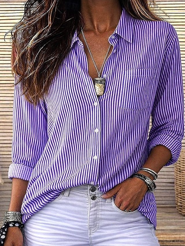 Women's Blouse Buttons Print Striped Stylish Casual Long