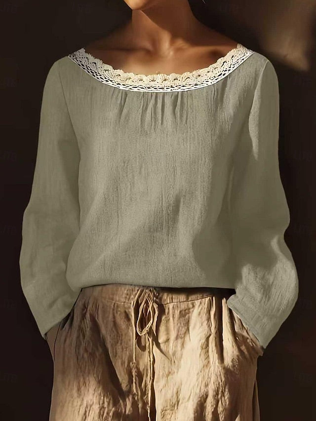 Women's Lace Splicing Top Linen T-Shirt Pleats Solid Color