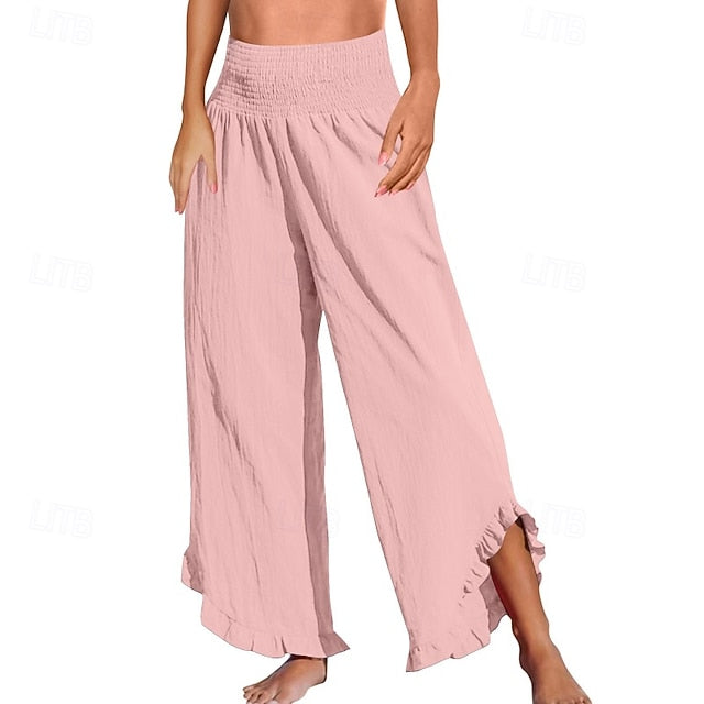 Women's Cotton Linen Pants Culottes Wide Leg Slacks Fashion
