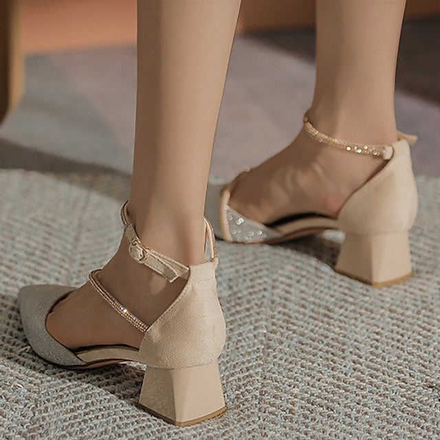 Pointed Heels Women's Glitter Toe Mesh with Ankle Block