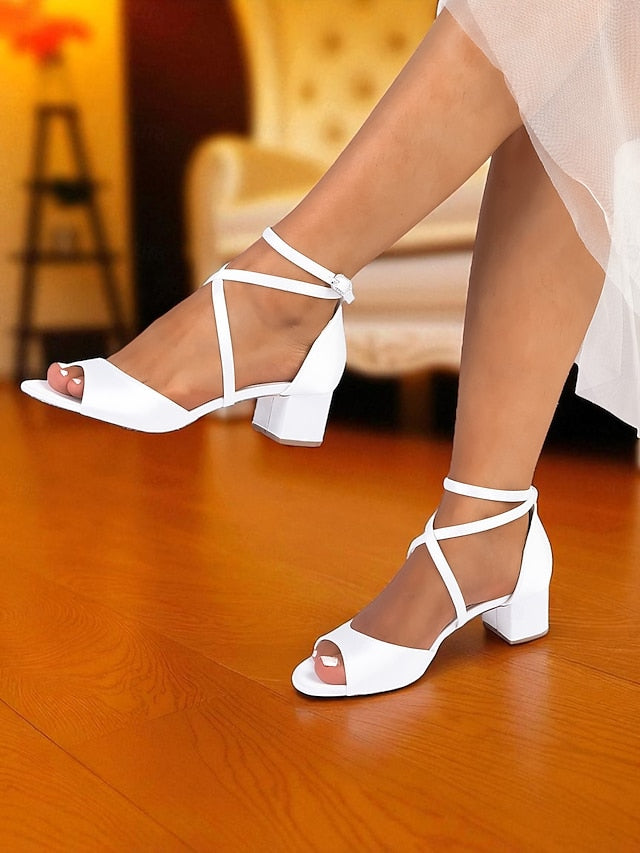 with Heel Satin - Block Ankle Sandals Women's Strap Elegant