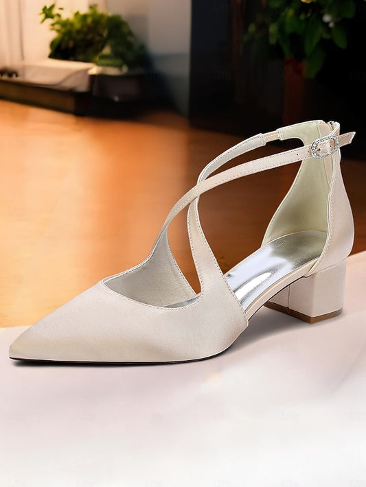 - Pointed Toe Women's Satin Elegant Ivory Block Heels