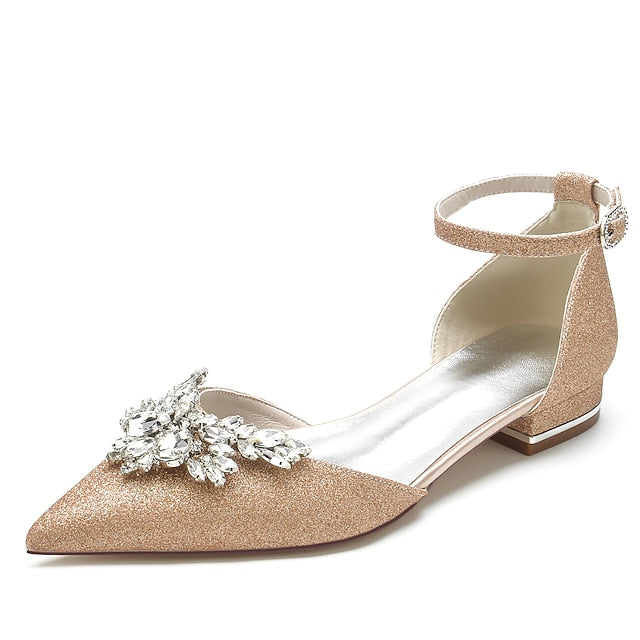 – White Satin Women's Flats Design Floral with Rhinestone