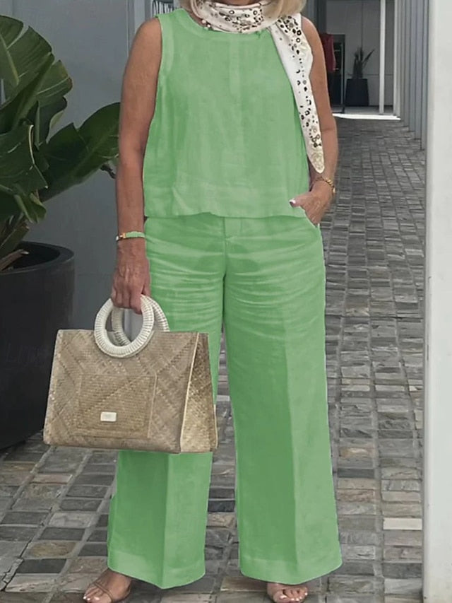 Women's Cotton Linen Sets Pants Sets Bolero Top Sleeveless