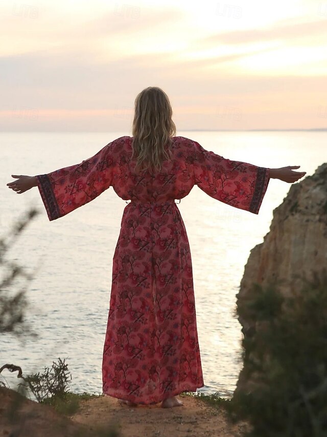 Women's Floral V Neck Maxi Dress Long Sleeve Summer Spring