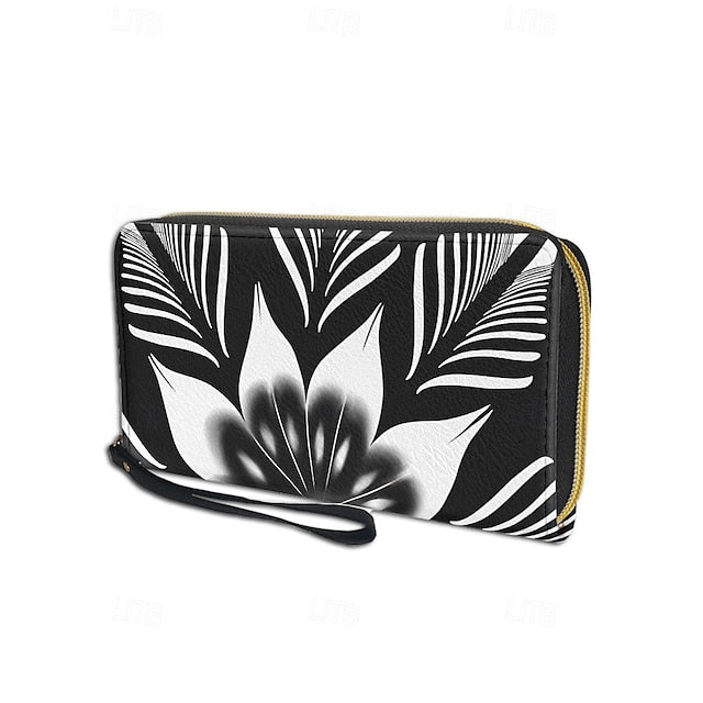 Floral Black Women's Wallet Faux White and Print –
