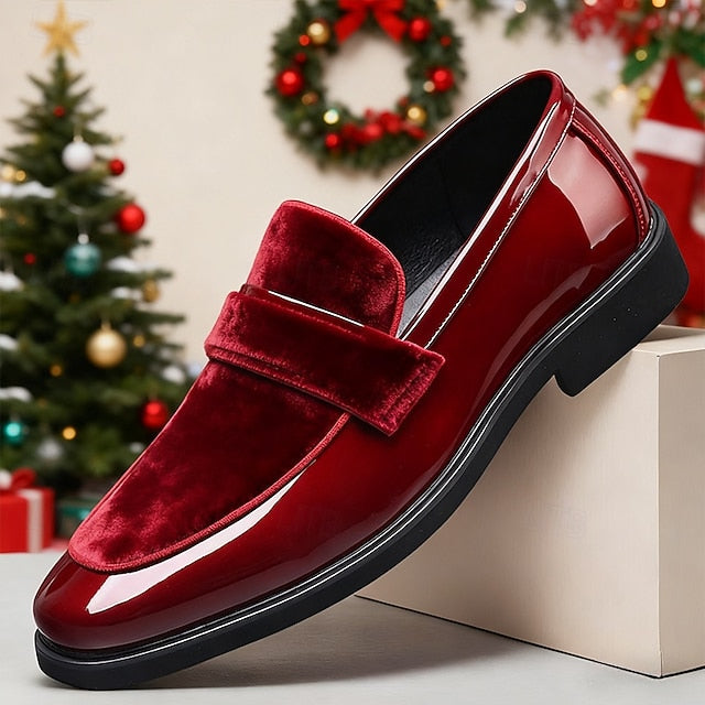 Red Men's Faux Design Loafers Leather Sleek Velvet – with