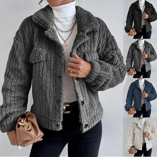 Plain Buttons Women's Warm Teddy Comfortable Coat Casual