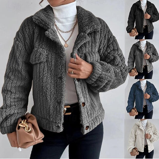 Plain Buttons Women's Warm Teddy Comfortable Coat Casual