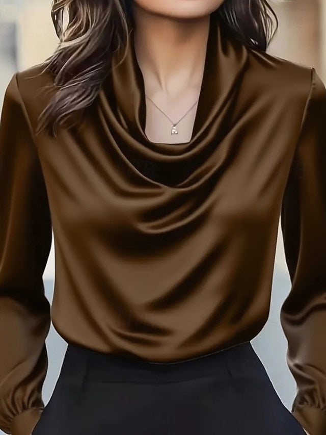 Women's Elegant Satin Top Blouse Silky Tops Draped Plain