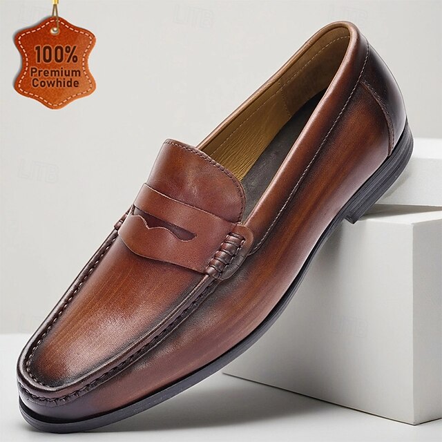 with Slip-On Brown Loafers Men's Shoes Leather Penny