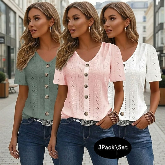 Multi Packs 3pcs Women's V Neck Short Sleeve