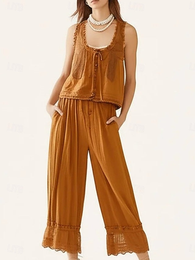 Women's Pants Sets Bolero Top Sleeveless Square Neck Plain
