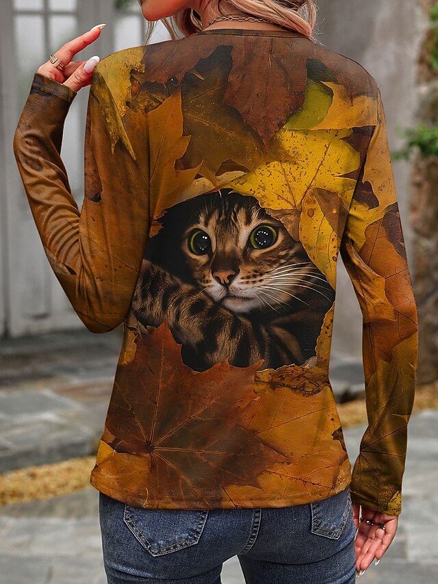 Women's T shirt Crew Neck Long Sleeve Tunic Cat Casual