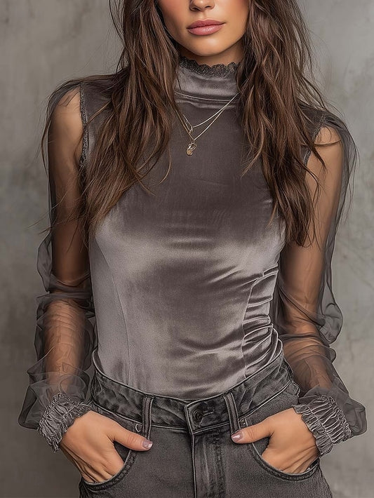 Women's Shirt Velvet Blouse Mesh Plain Vintage Stylish