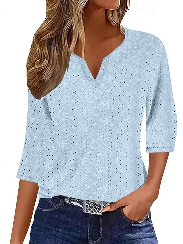 Women's Texture Blouse Eyelet Top Pointelle Tee Blouse
