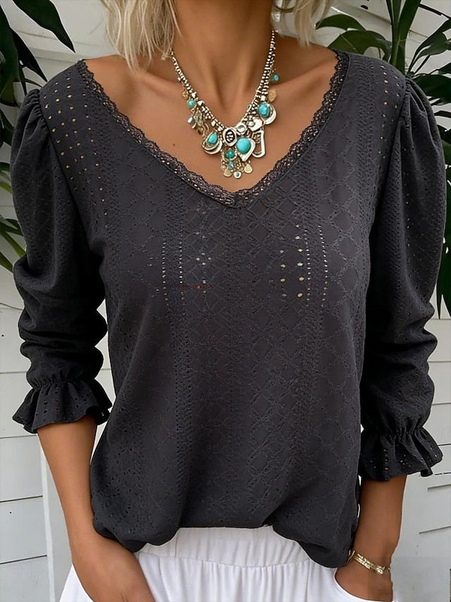 Women's Shirt Blouse Eyelet top Long Sleeve Tops Eyelet