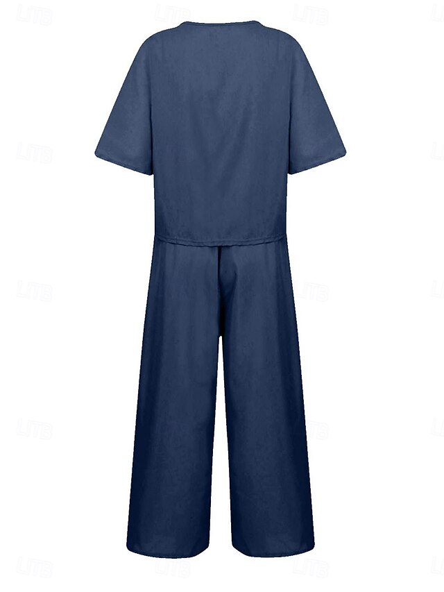 Women's Pants Sets Faux Cotton Linen Short Sleeve Plain