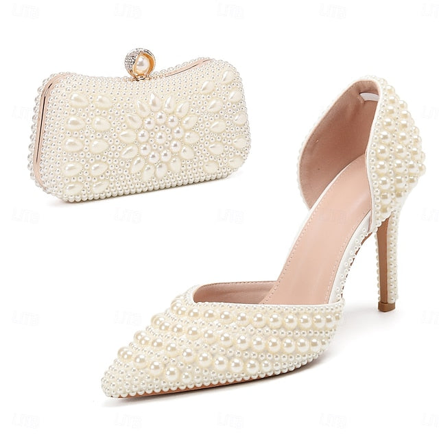 Pearl Women's Heels Clutch Stiletto – and Set Bag White