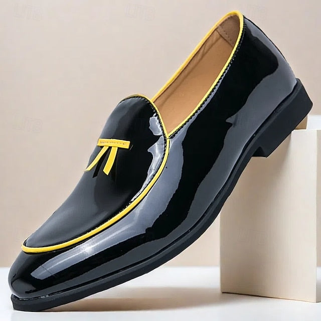 Yellow Loafers Black Leather with Faux Trim Men's Patent