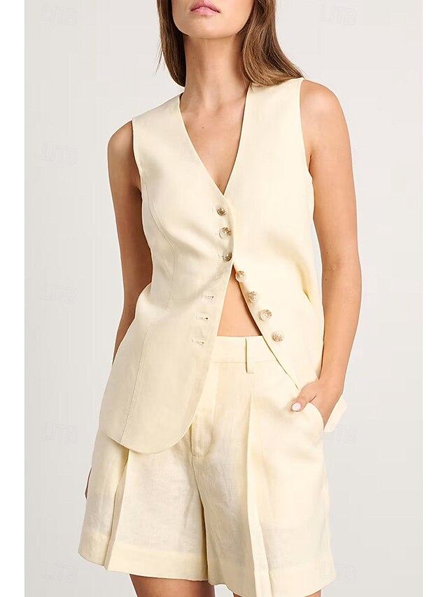 Women's Blouse Shorts Sets Sleeveless V Neck Solid Color