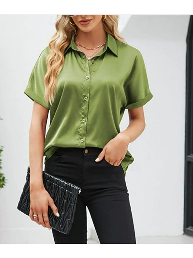 Women's Shirt Elegant Dressy Satin Top Buttons Solid Color