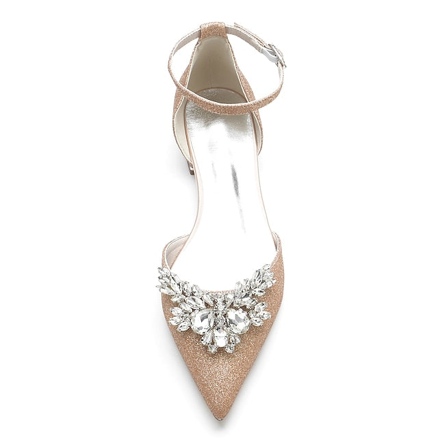 – White Satin Women's Flats Design Floral with Rhinestone