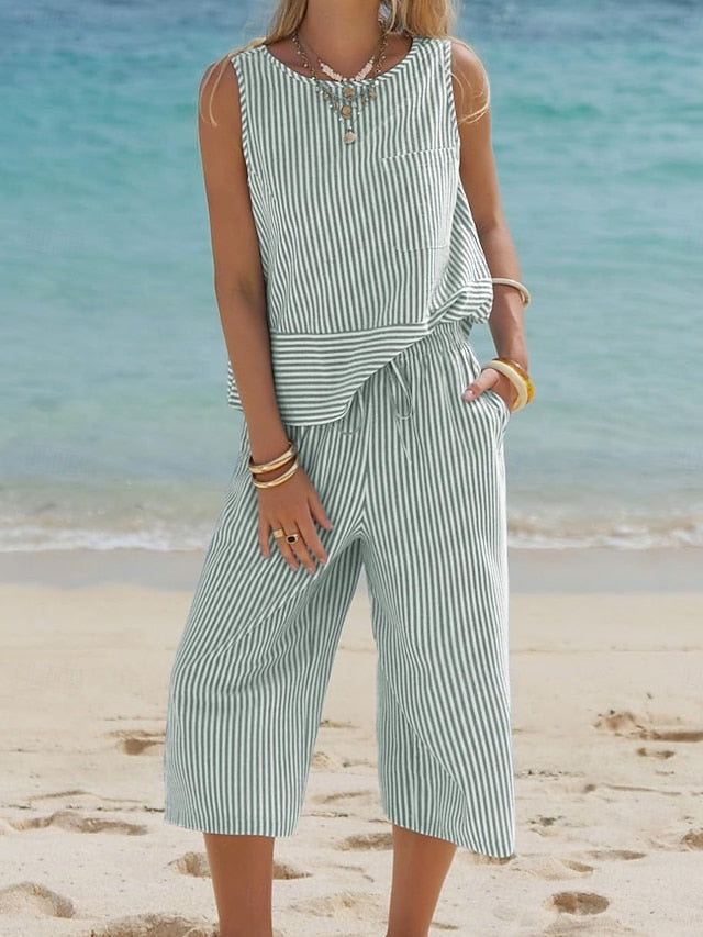 Women's Cotton Linen Shirts Pants Sets Bolero Top