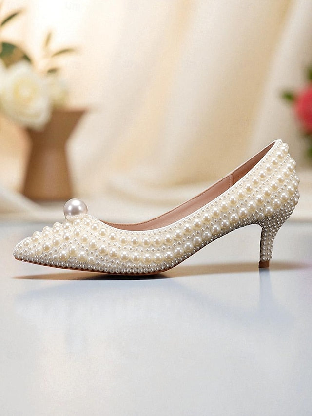 Pearl-Embellished Women's Kitten Pumps and Heel Matching