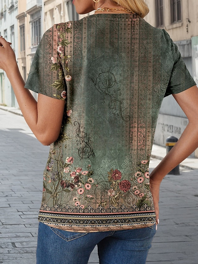 Women's T Shirt Print Vintage Casual Short Sleeve V Neck