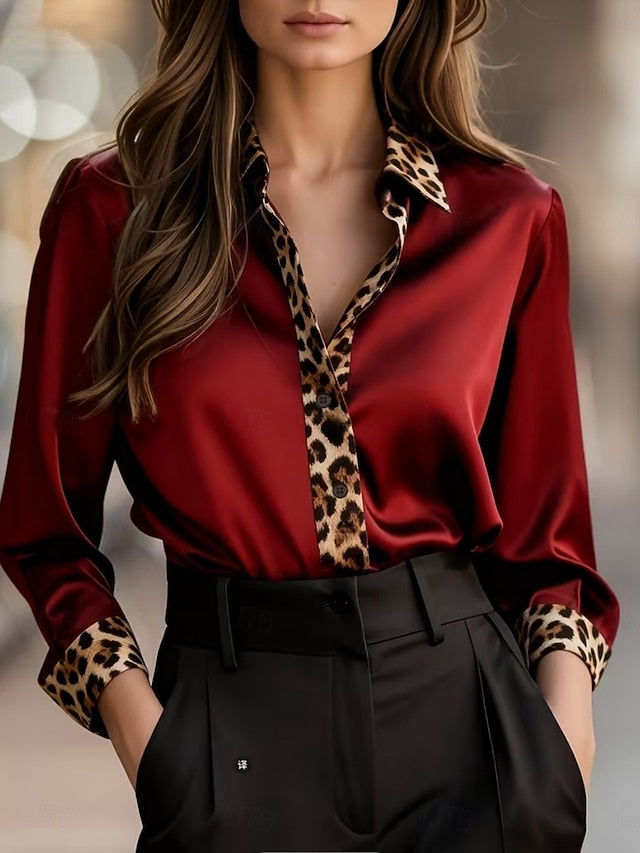 Women's Satin Shirt Dress Shirt Blouse Patchwork Buttons