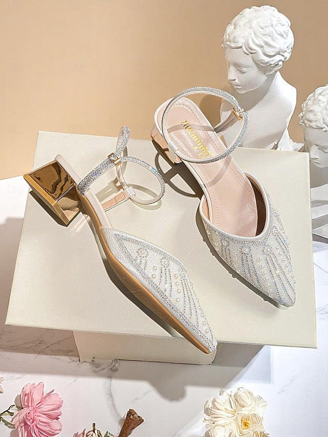 Heels Block Pointed Ivory Toe with Women's Pearl and