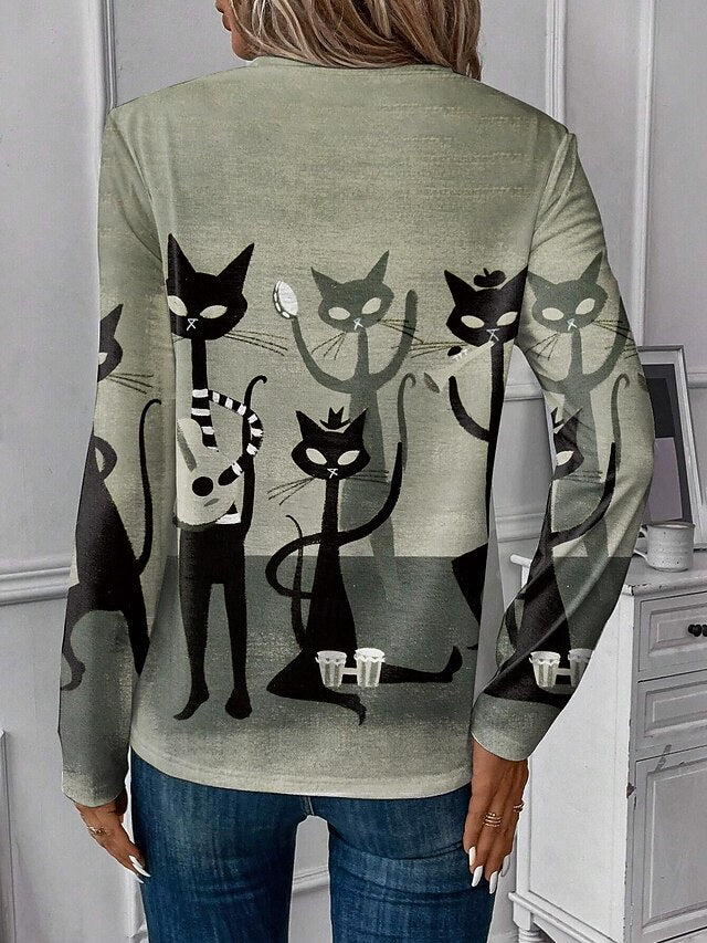 Women's T shirt Crew Neck Long Sleeve Tunic Casual Cat