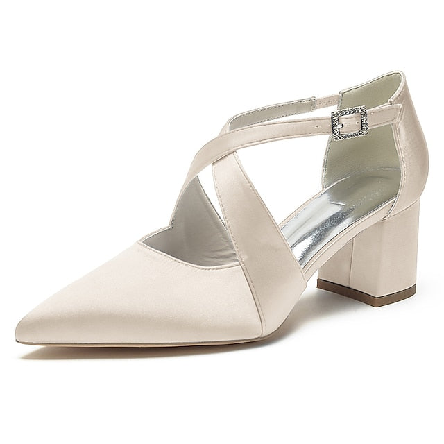 – Elegant White Block Pointed Heels Women's Satin Toe