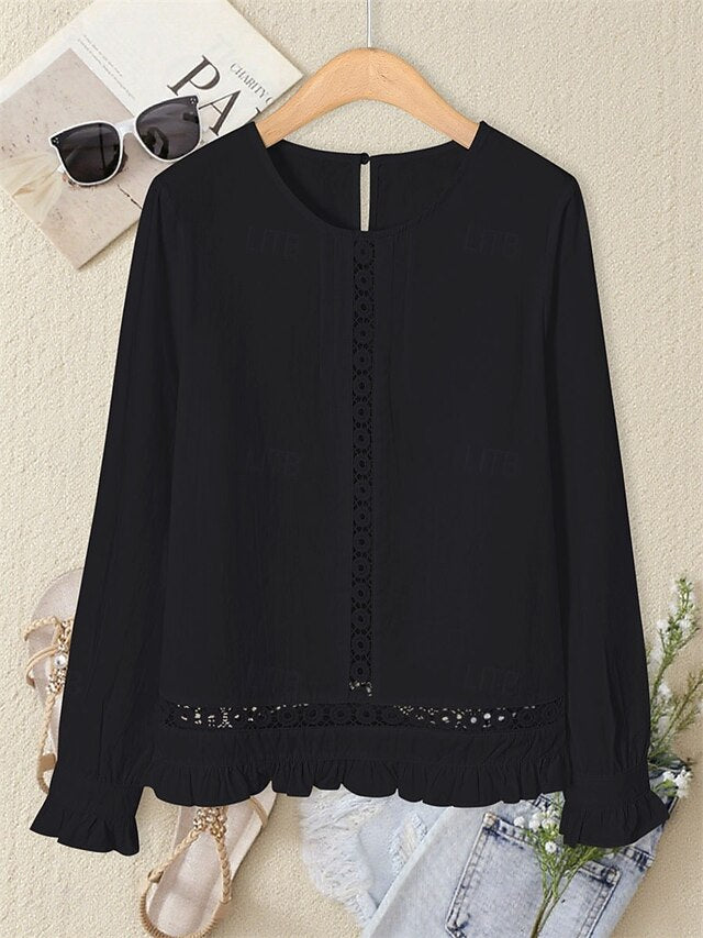 Women's Blouse Eyelet top Ruched Patchwork Eyelet Solid