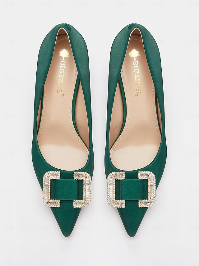 Green with Pumps Buckle for Elegant Women: Rhinestone Satin